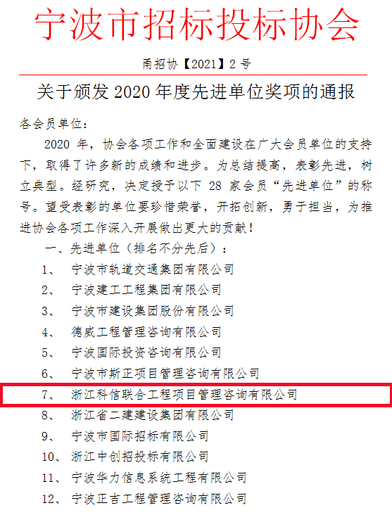 科信榮獲寧波市招標投標協(xié)會“2020年度先進單位”獎