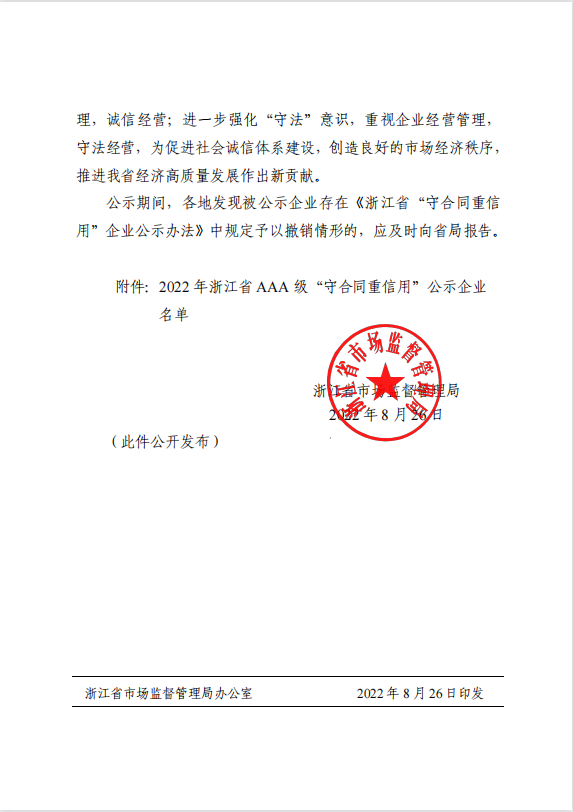 公司獲評2022年浙江省AAA級“守合同重信用”企業(yè)榮譽稱號